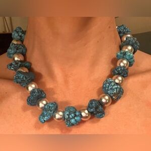 Jumbo Turquoise Nugget Statement Necklace 16" Handmade